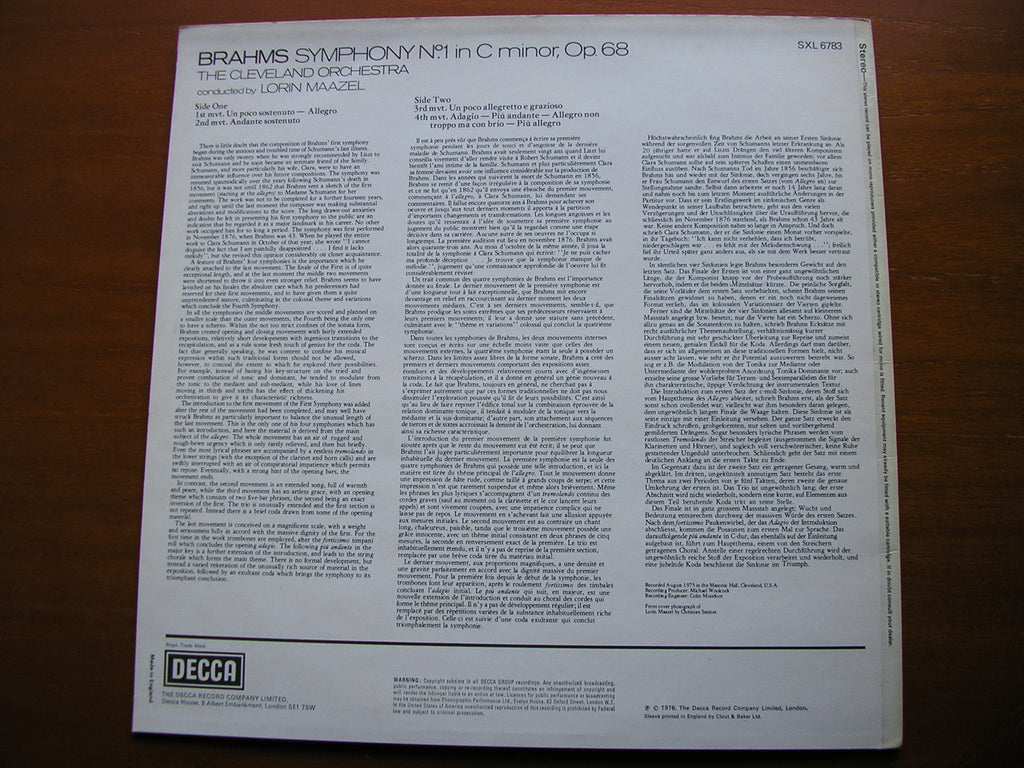 SXL 6783 BRAHMS: SYMPHONY No. 1 MAAZEL / CLEVELAND ORCHESTRA