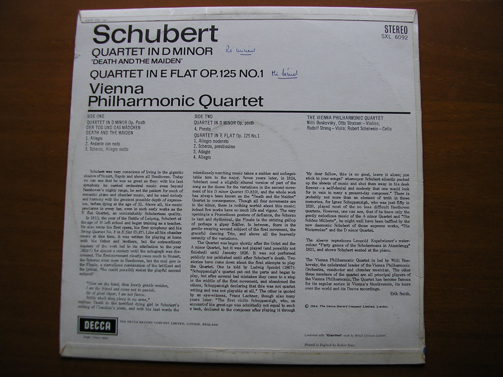 SXL 6092 SCHUBERT: STRING QUARTET in D 'Death & the Maiden' / QUARTET in E       VIENNA PHILHARMONIC QUARTET     ED1