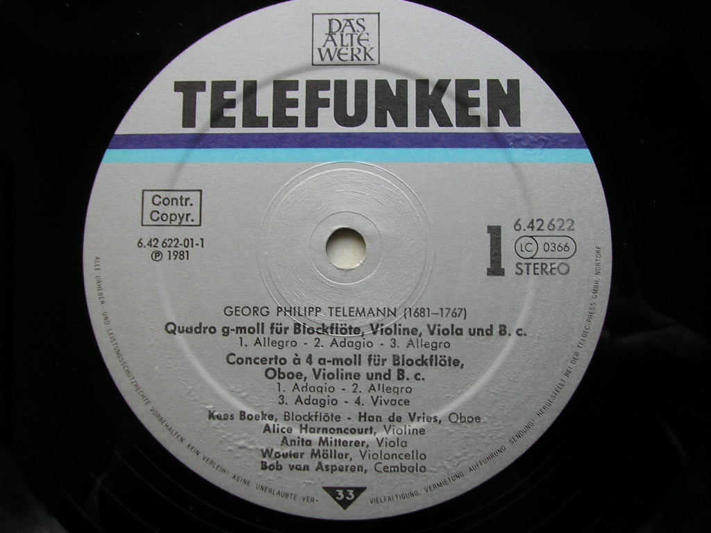 TELEMANN: FOUR QUARTETS FOR RECORDER     BOEKE / de VRIES / HARNONCOURT / van ASPEREN / MOLLER / MITTERER     6.42622
