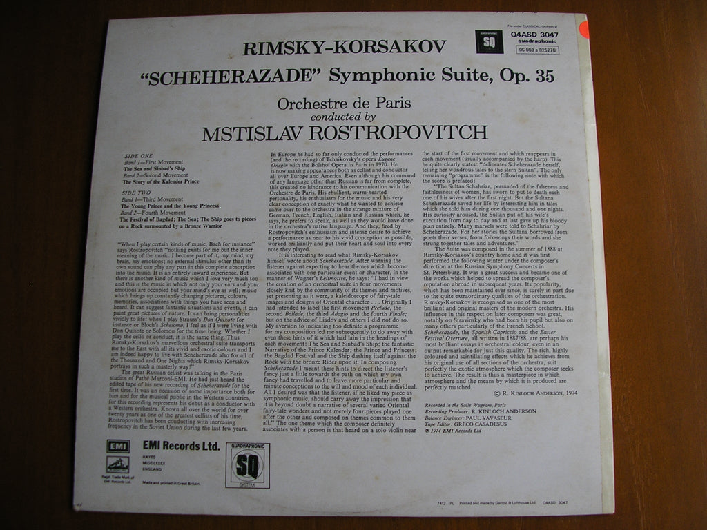 RIMSKY-KORSAKOV: SCHEHERAZADE      ROSTROPOVICH / ORCHESTRA DE PARIS     test pressing    Q4ASD 3047