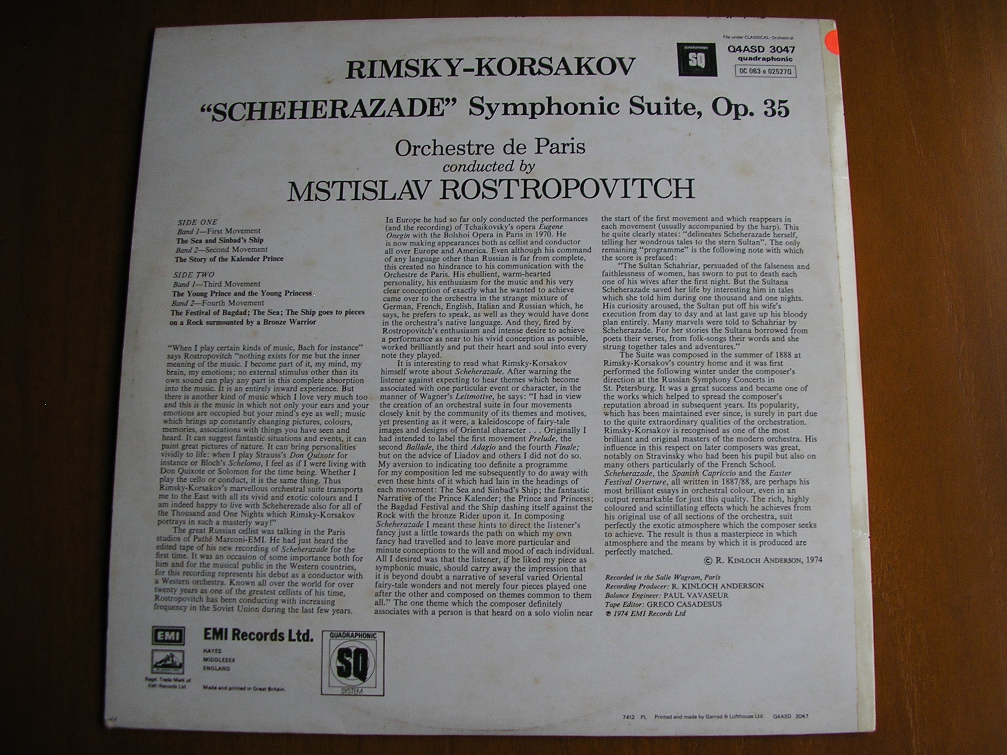RIMSKY-KORSAKOV: SCHEHERAZADE      ROSTROPOVICH / ORCHESTRA DE PARIS     test pressing    Q4ASD 3047