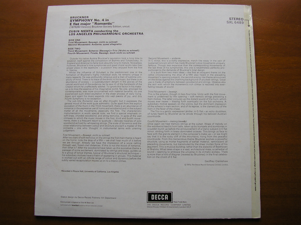 SXL 6489 BRUCKNER: SYMPHONY No. 4 'Romantic' MEHTA / LOS ANGELES PHILHARMONIC