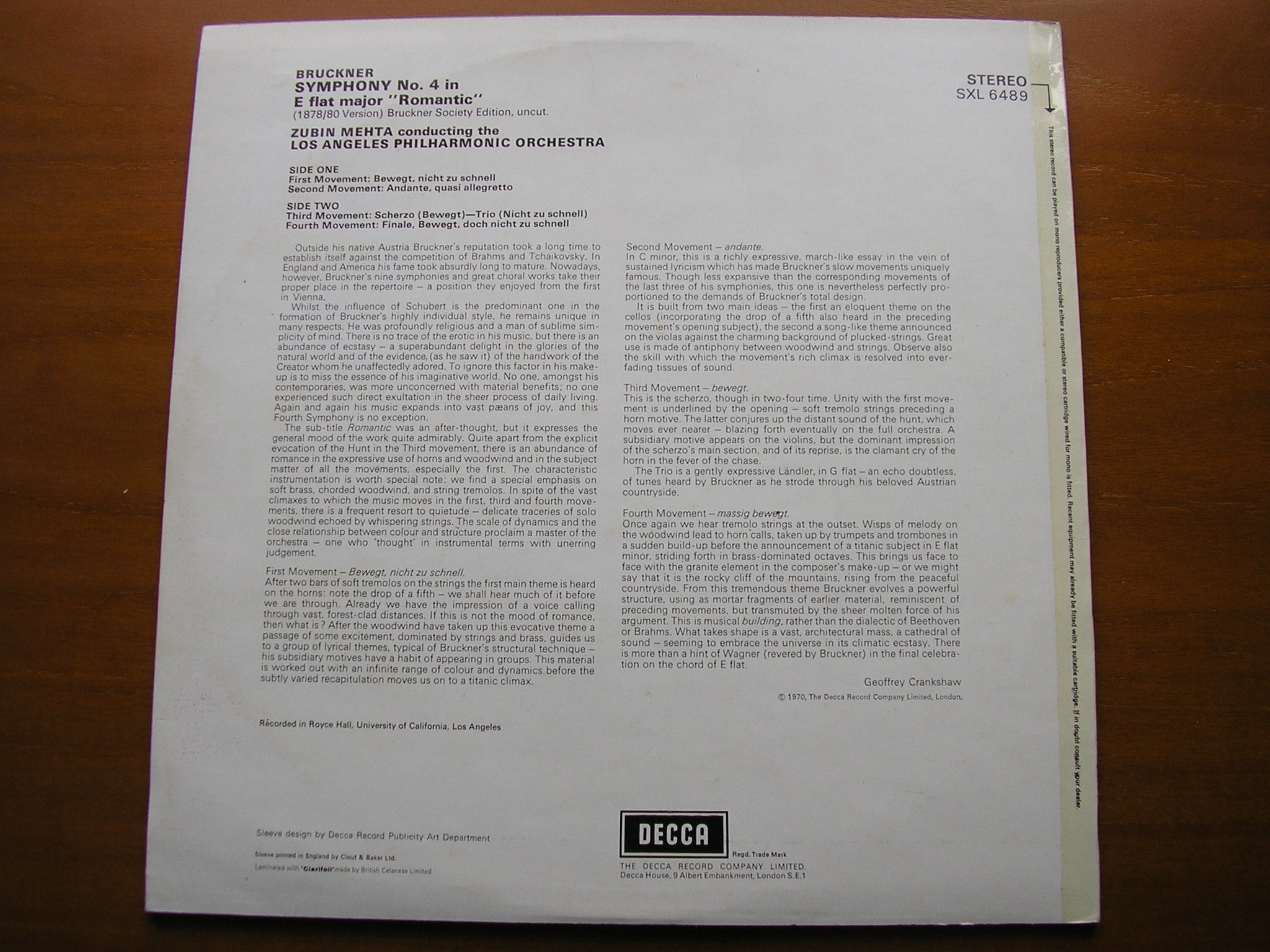 SXL 6489 BRUCKNER: SYMPHONY No. 4 'Romantic' MEHTA / LOS ANGELES PHILHARMONIC