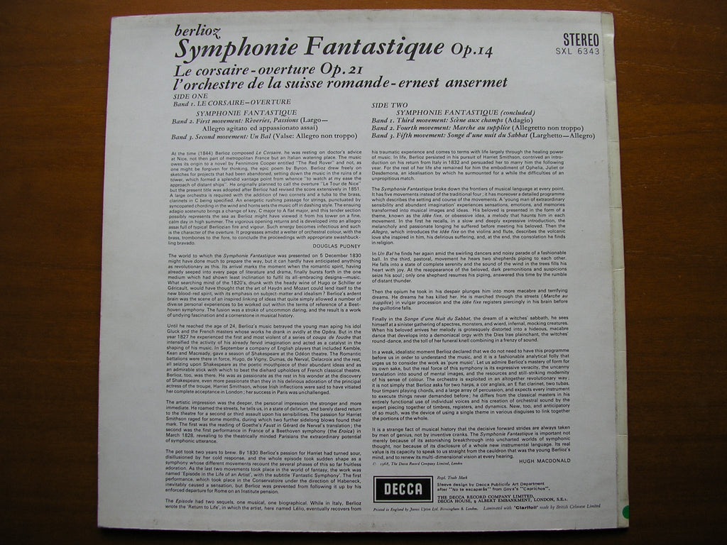 SXL 6343  BERLIOZ: SYMPHONIE FANTASTIQUE / LE CORSAIRE     ANSERMET / SUISSE ROMANDE    ED2