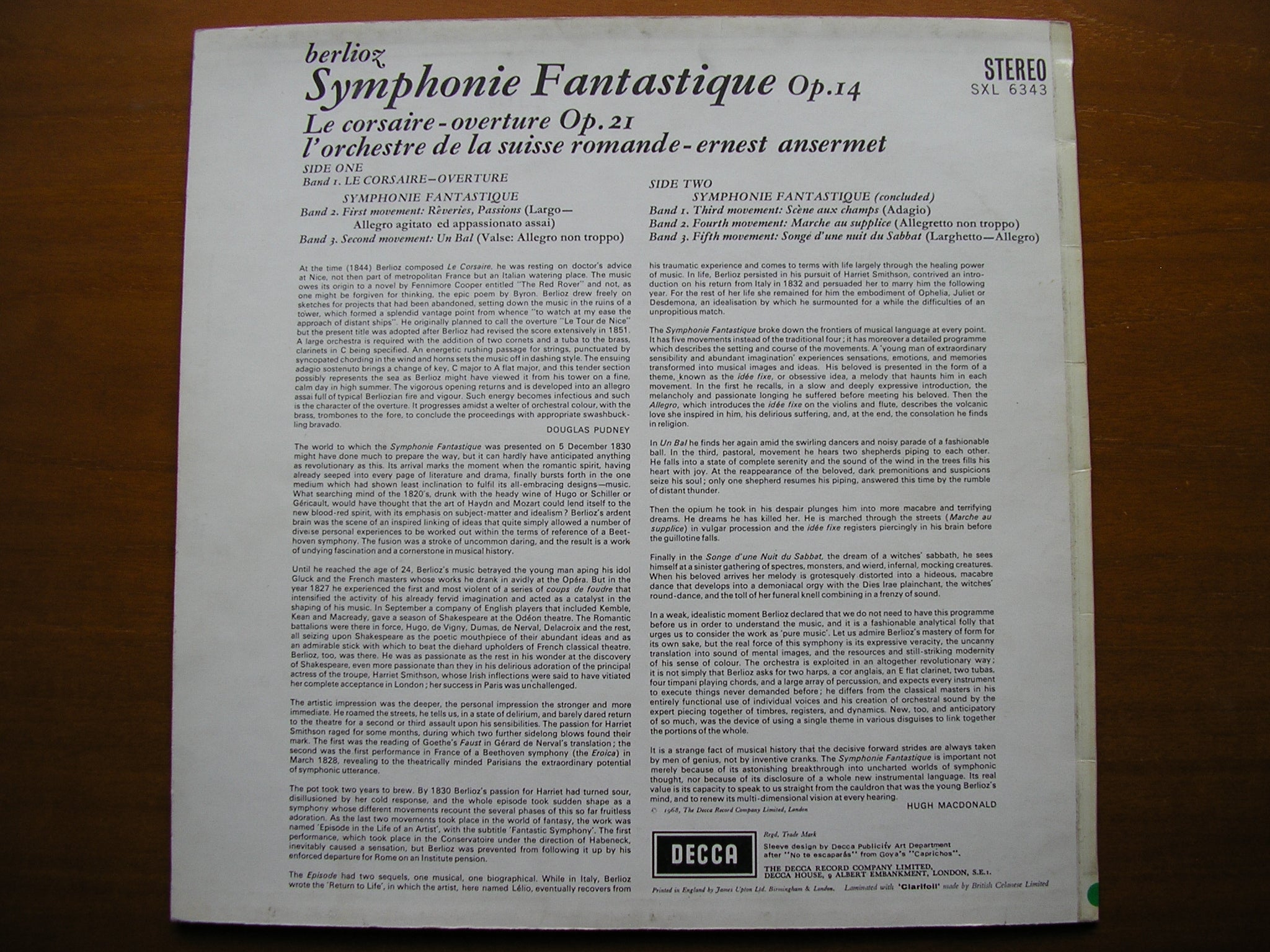 SXL 6343  BERLIOZ: SYMPHONIE FANTASTIQUE / LE CORSAIRE     ANSERMET / SUISSE ROMANDE    ED2