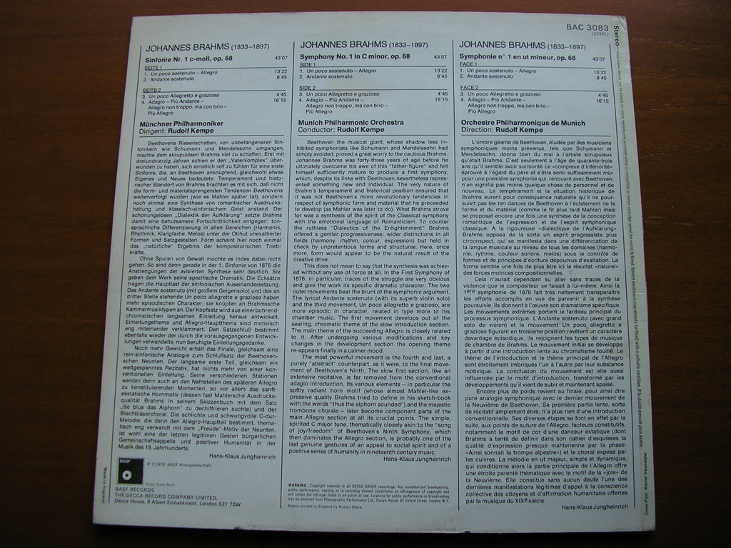 BRAHMS: SYMPHONY No. 1    KEMPE / MUNICH PHILHARMONIC ORCHESTRA   BAC 3083