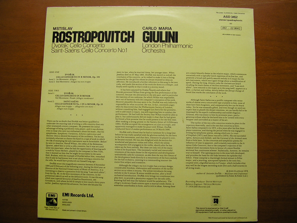 DVORAK: CELLO CONCERTO / SAINT-SAENS: CELLO CONCERTO No. 1      ROSTROPOVICH / LPO / GIULINI      ASD 3452
