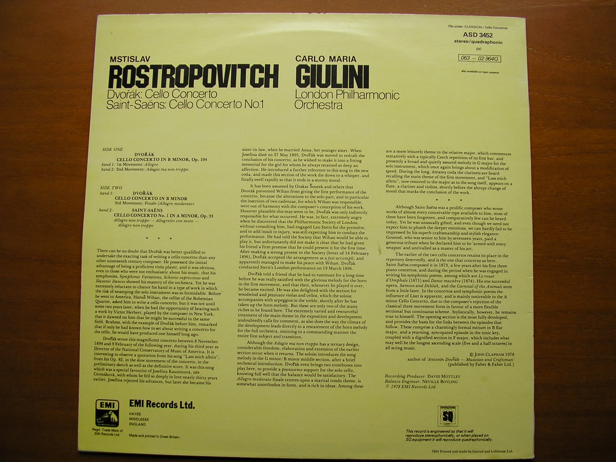 DVORAK: CELLO CONCERTO / SAINT-SAENS: CELLO CONCERTO No. 1      ROSTROPOVICH / LPO / GIULINI      ASD 3452