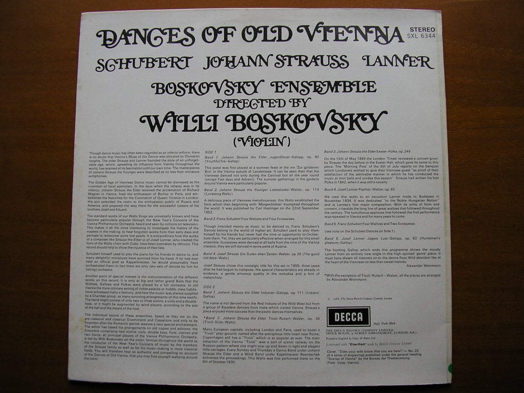 SXL 6344  DANCES OF OLD VIENNA: SCHUBERT / STRAUSS / LANNER       BOSKOVSKY ENSEMBLE     ED2