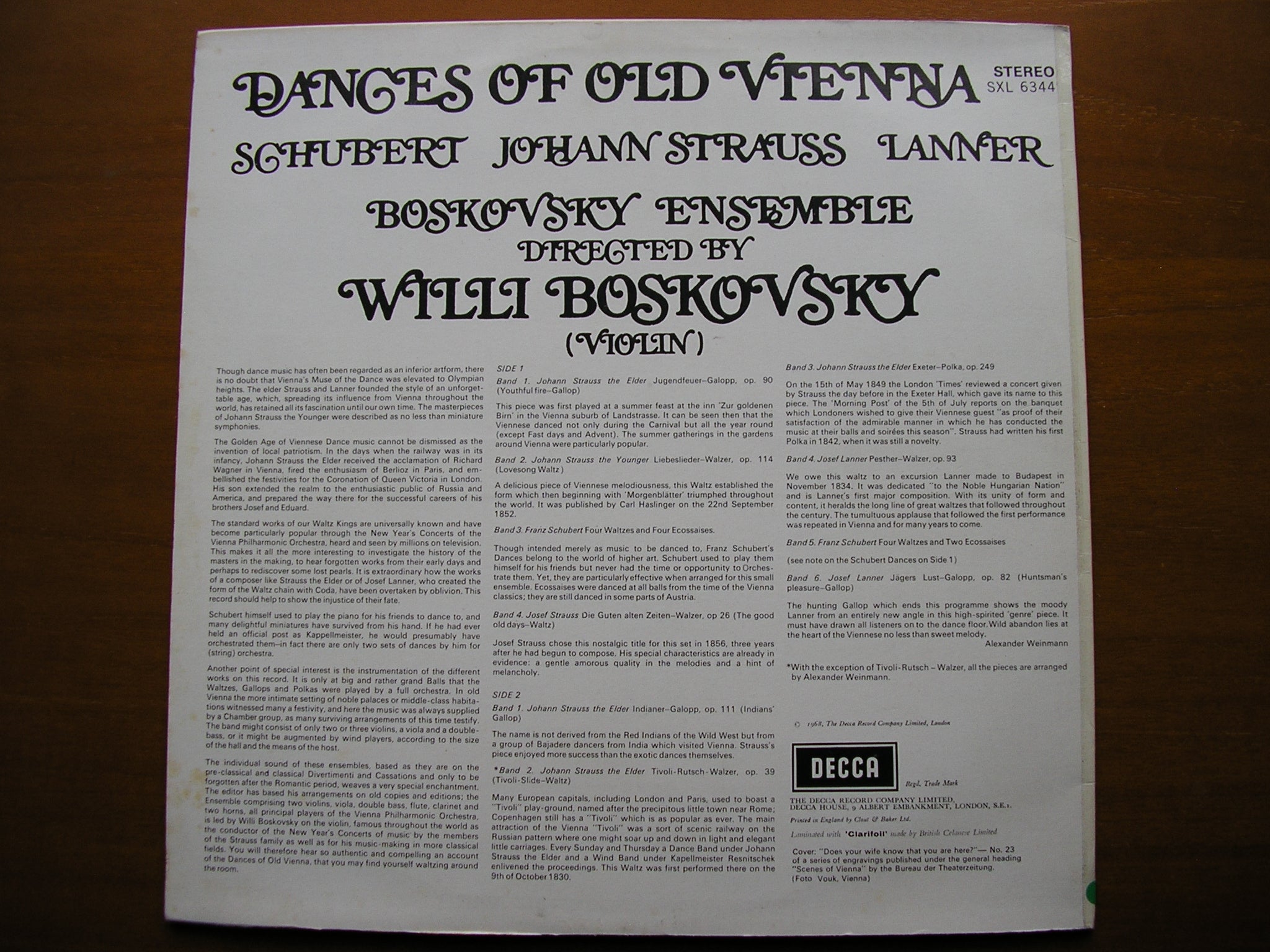 SXL 6344  DANCES OF OLD VIENNA: SCHUBERT / STRAUSS / LANNER       BOSKOVSKY ENSEMBLE     ED2