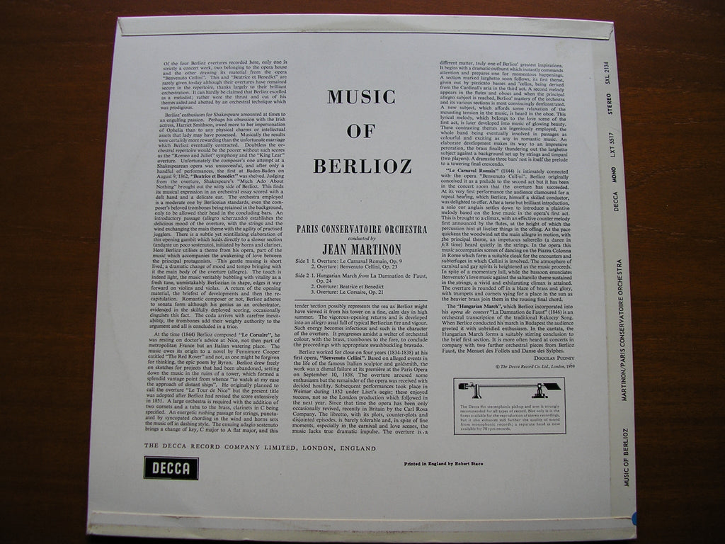 SXL 2134 BERLIOZ: OVERTURES / HUNGARIAN MARCH MARTINON / PARIS CONSERVATOIRE