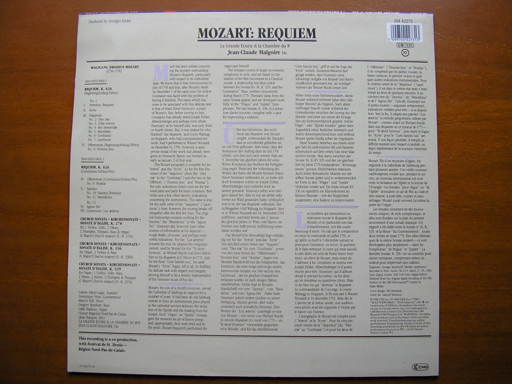 MOZART: REQUIEM    SOLOISTS / LA GRANDE ECURIE ET LA CHAMBRE DU ROY / MALGOIRE    IM 42273