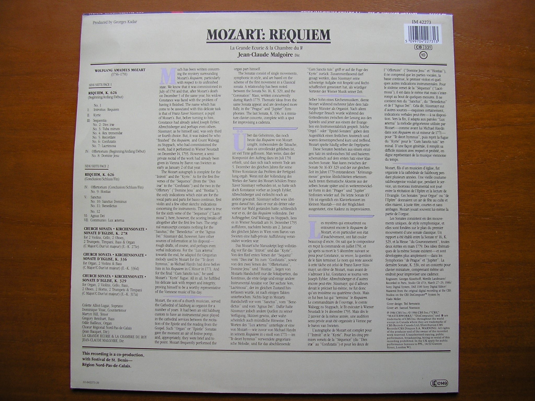 MOZART: REQUIEM    SOLOISTS / LA GRANDE ECURIE ET LA CHAMBRE DU ROY / MALGOIRE    IM 42273