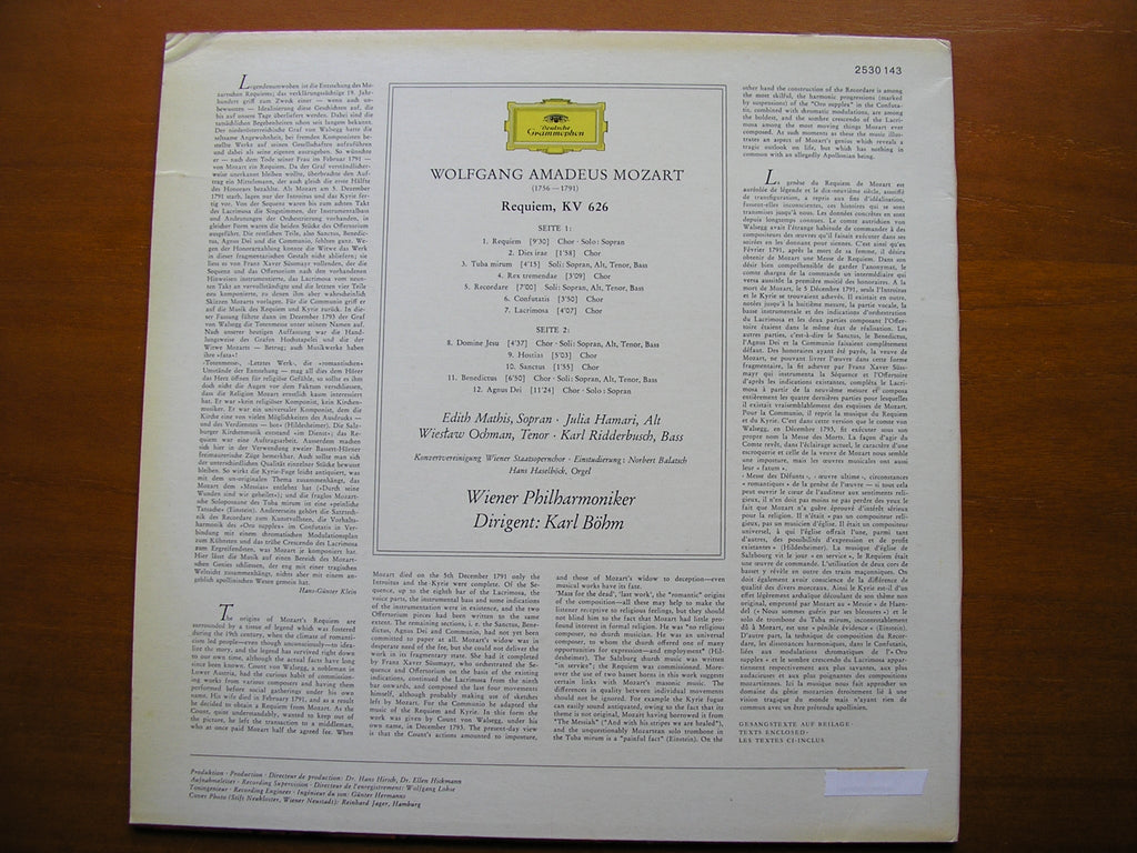 MOZART: REQUIEM    SOLOISTS / VIENNA PHILHARMONIC / BOHM      2530 143