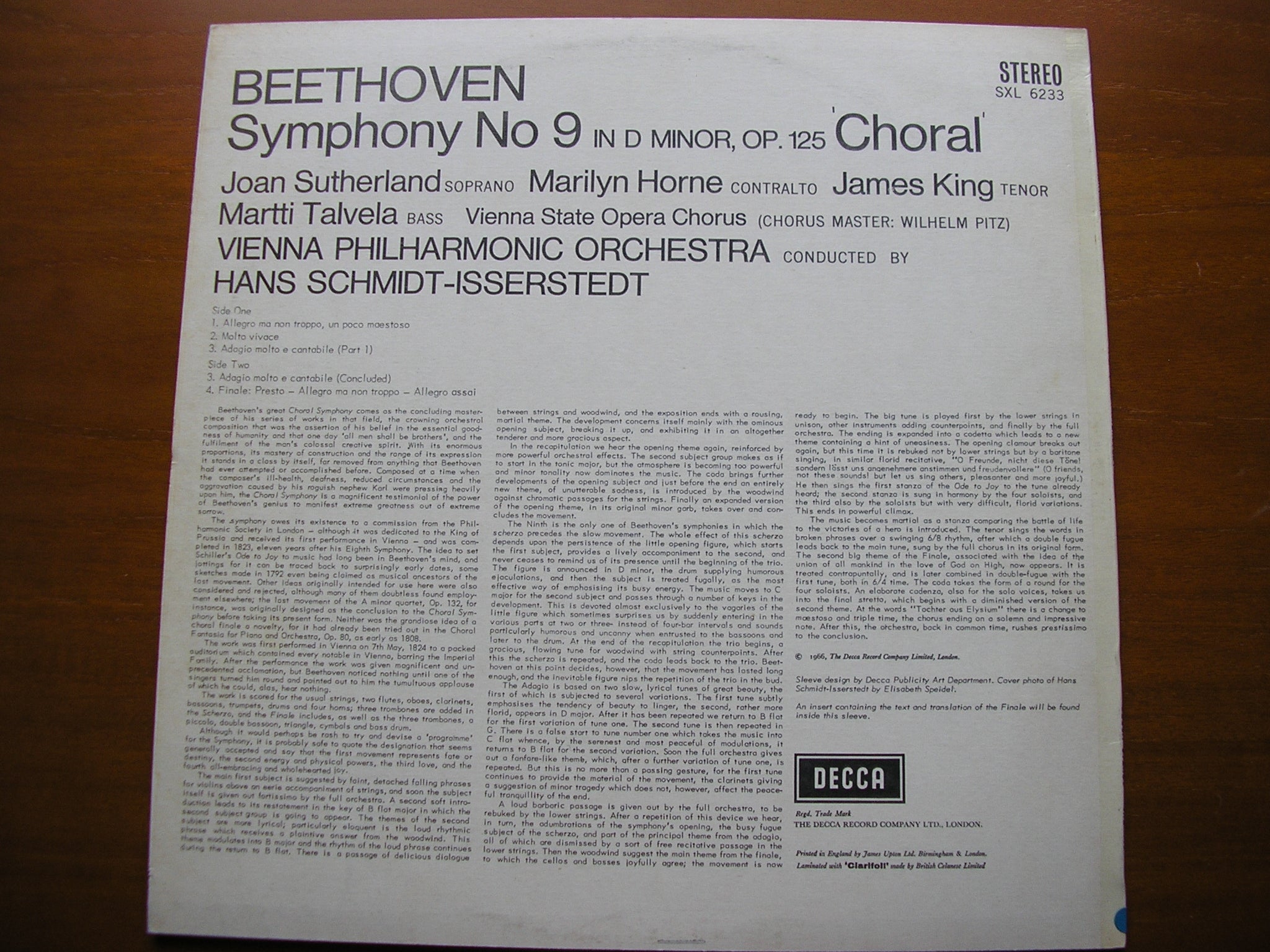 SXL 6233 BEETHOVEN: SYMPHONY No. 9 'Choral' SOLOISTS / VIENNA PHILHARMONIC / SCHMIDT - ISSERSTEDT