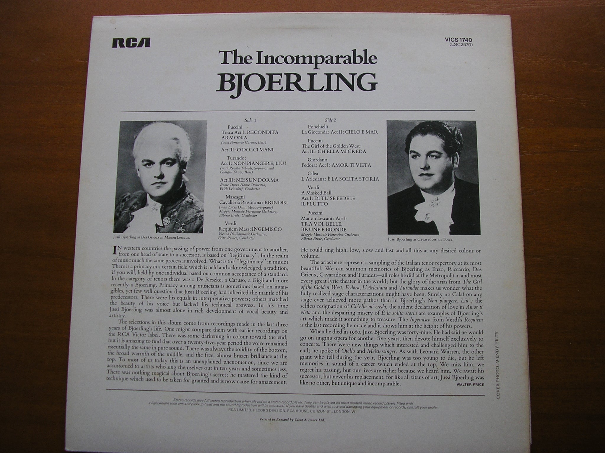 THE INCOMPARABLE BJOERLING: OPERA ARIAS    JUSSI BJOERLING / REINER / LEINSDORF / EREDE     VICS 1740