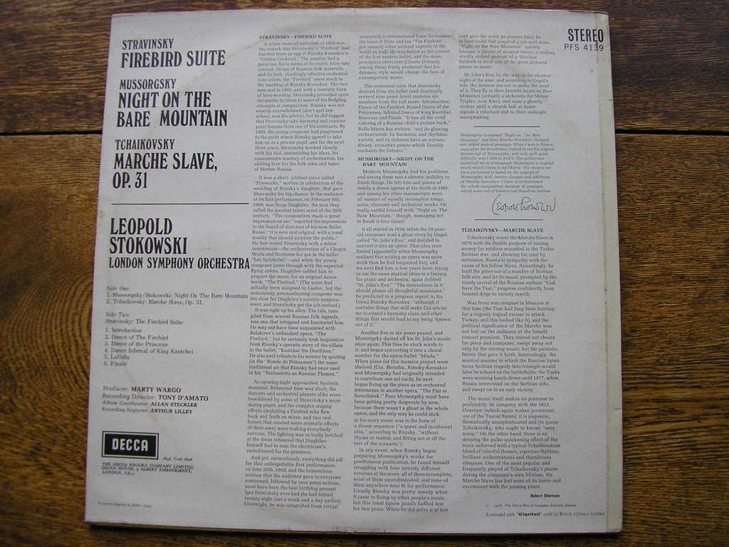 STRAVINSKY: THE FIREBIRD Suite / TCHAIKOVSKY: MARCHE SLAVE / MUSSORGSKY: NIGHT ON BARE MOUNTAIN   STOKOWSKI / LONDON SYMPHONY   PFS 4139