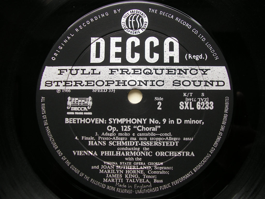 SXL 6233 BEETHOVEN: SYMPHONY No. 9 'Choral' SOLOISTS / VIENNA PHILHARMONIC / SCHMIDT - ISSERSTEDT
