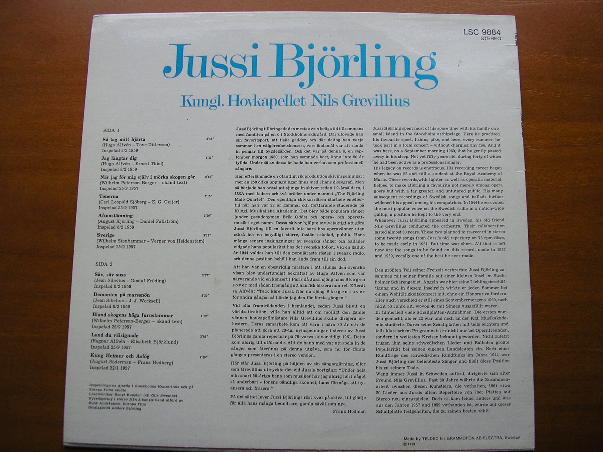 SWEDISH & SCANDINAVIAN SONGS        JUSSI BJORLING / SWEDISH ROYAL OPERA ORCHESTRA / GERVILLIUS      LSC 9884