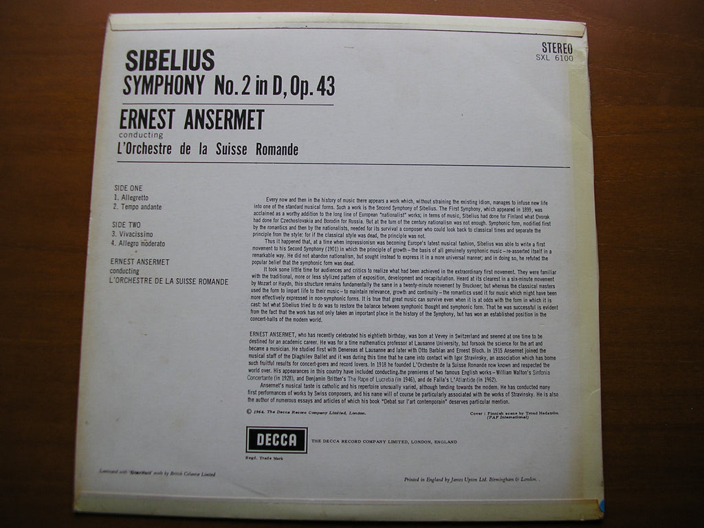 SXL 6100  SIBELIUS: SYMPHONY No. 2      ANSERMET / SUISSE ROMANDE     ED1