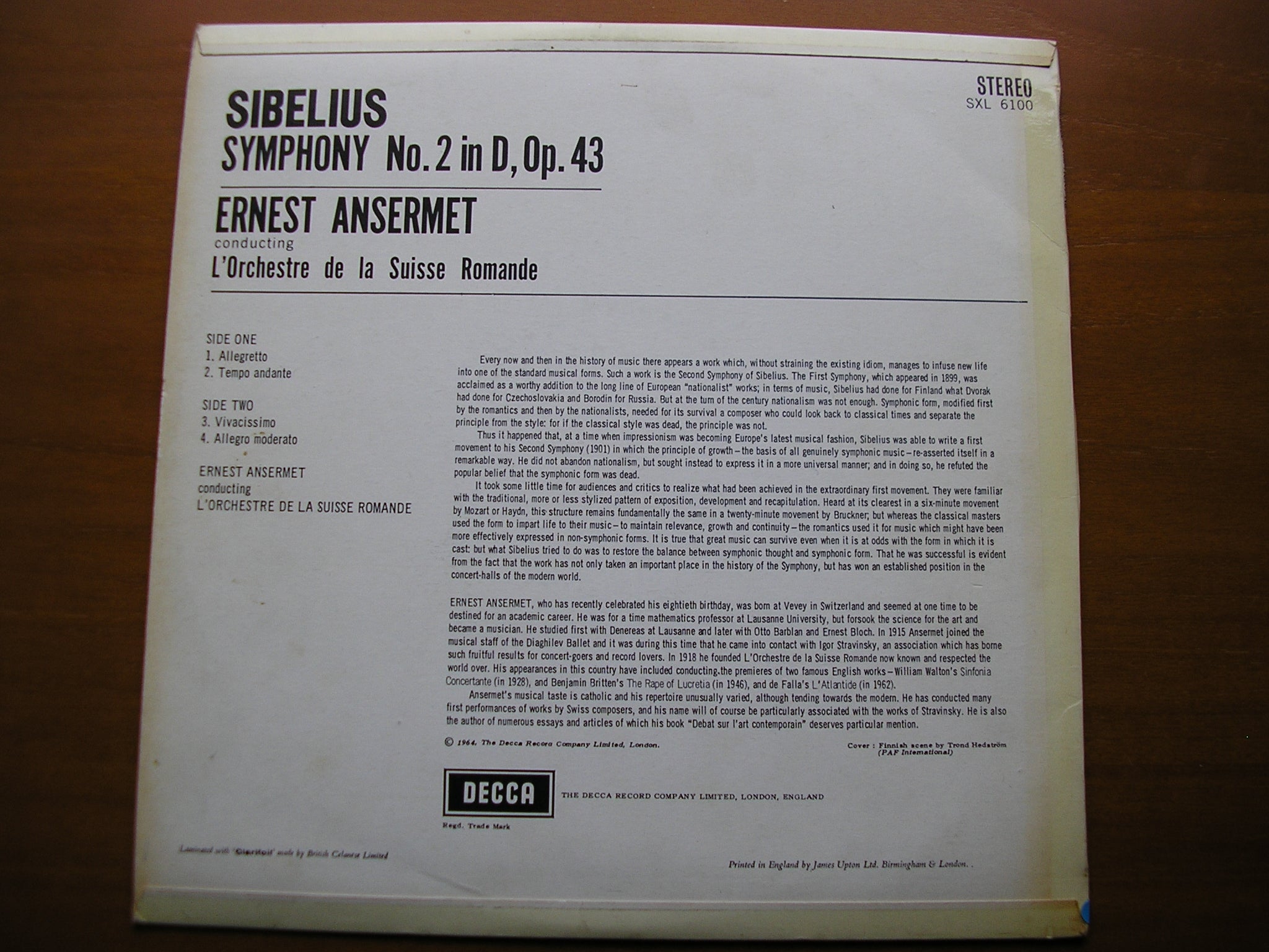SXL 6100  SIBELIUS: SYMPHONY No. 2      ANSERMET / SUISSE ROMANDE     ED1