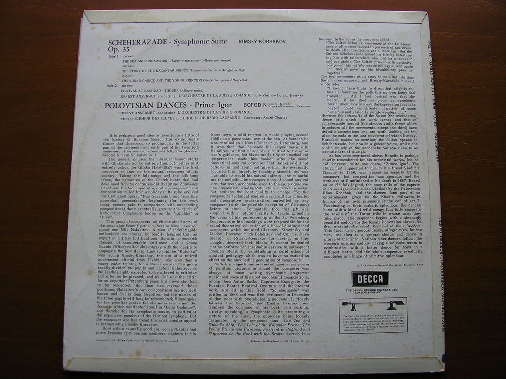 SXL 2268 RIMSKY - KORSAKOV: SCHEHERAZADE ERNEST ANSERMET / SUISSE ROMANDE