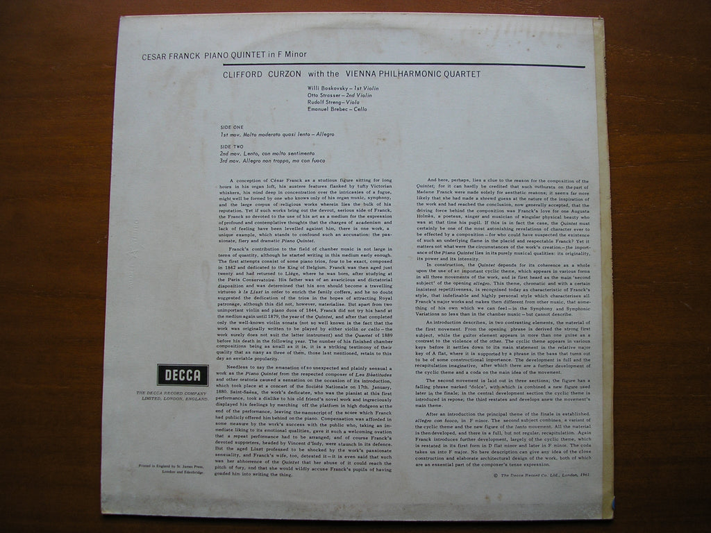 SXL 2278  FRANCK: PIANO QUINTET in F       CURZON / VIENNA PHILHARMONIC QUARTET    ED 1