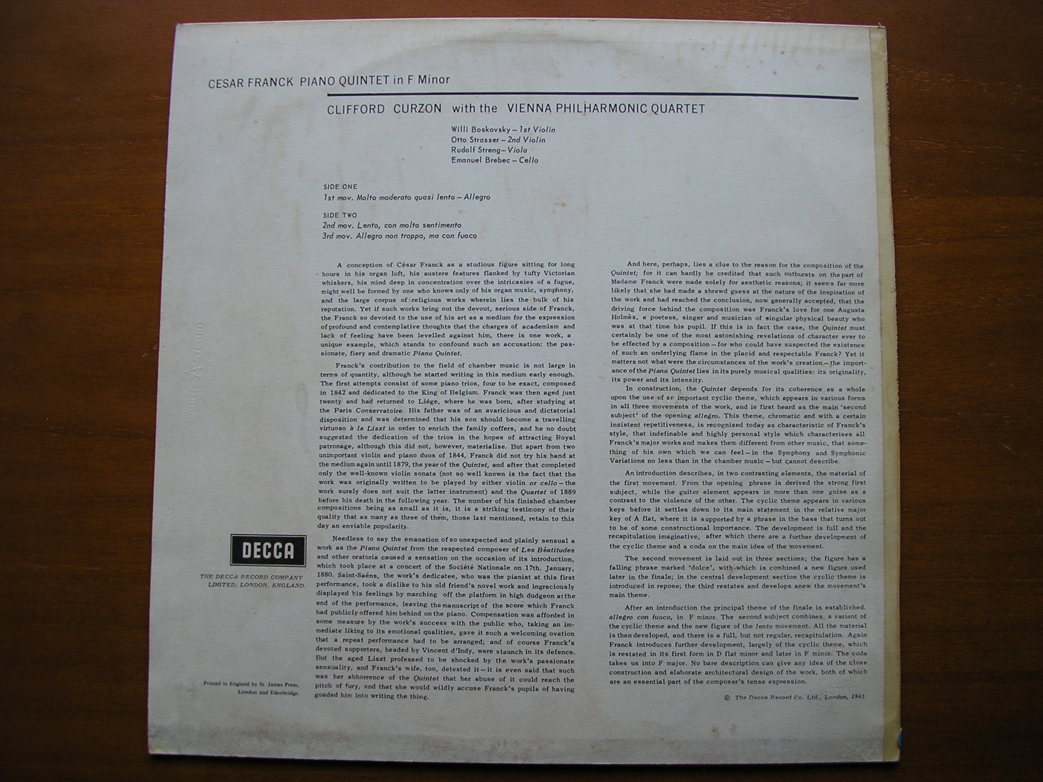 SXL 2278  FRANCK: PIANO QUINTET in F       CURZON / VIENNA PHILHARMONIC QUARTET    ED 1