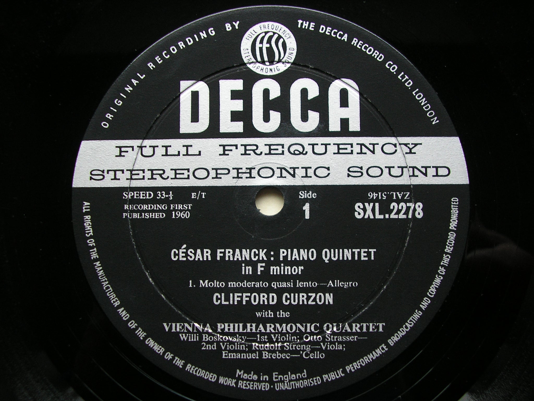 SXL 2278  FRANCK: PIANO QUINTET in F       CURZON / VIENNA PHILHARMONIC QUARTET    ED 1