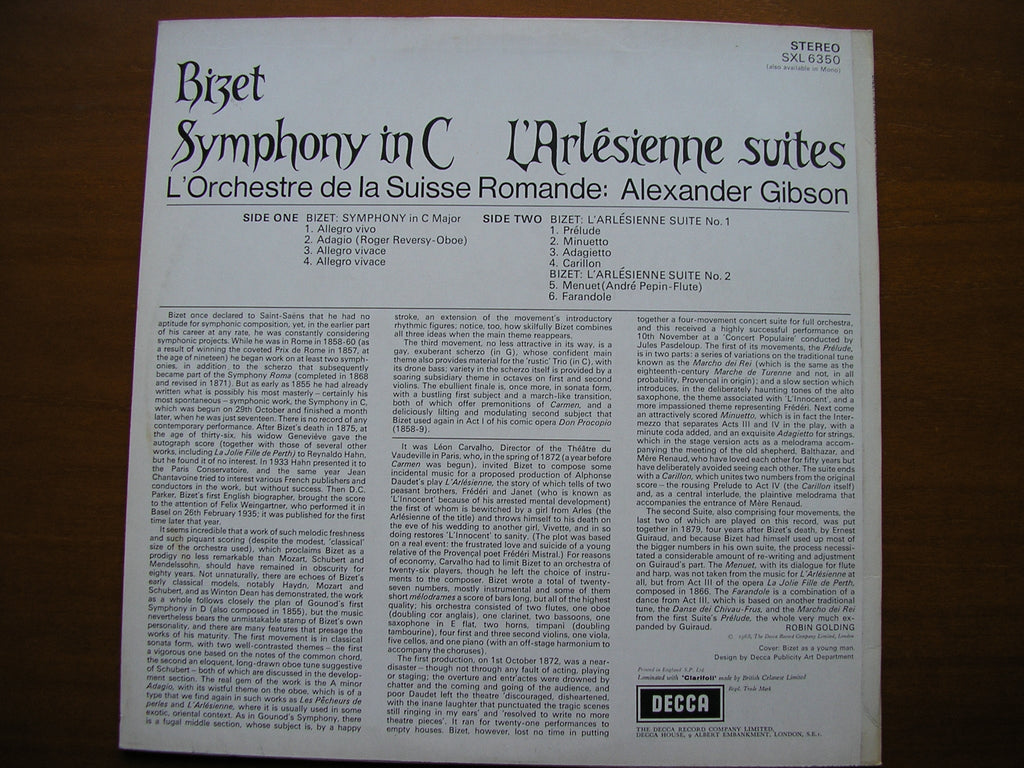 SXL 6350  BIZET: SYMPHONY in C / L'ARLESIENNE Suites Nos. 1 & 2      GIBSON / SUISSE ROMANDE   ED2
