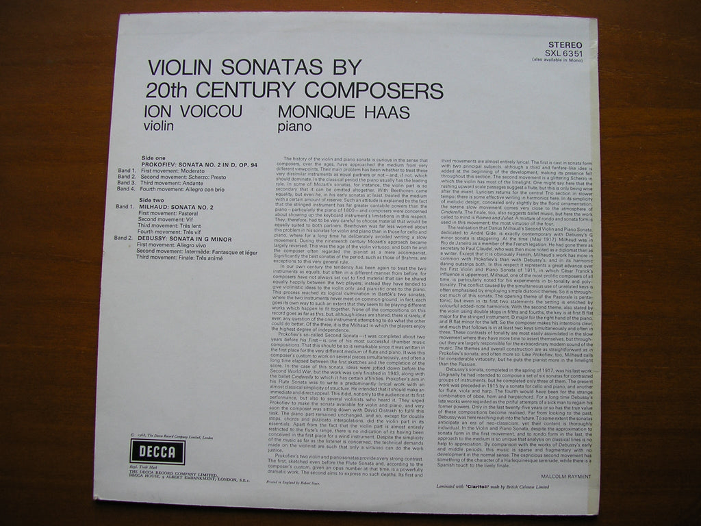 SXL 6351  VIOLIN SONATAS: PROKOFIEV / MILHAUD / DEBUSSY     ION VOICOU / MONIQUE HAAS    ED2