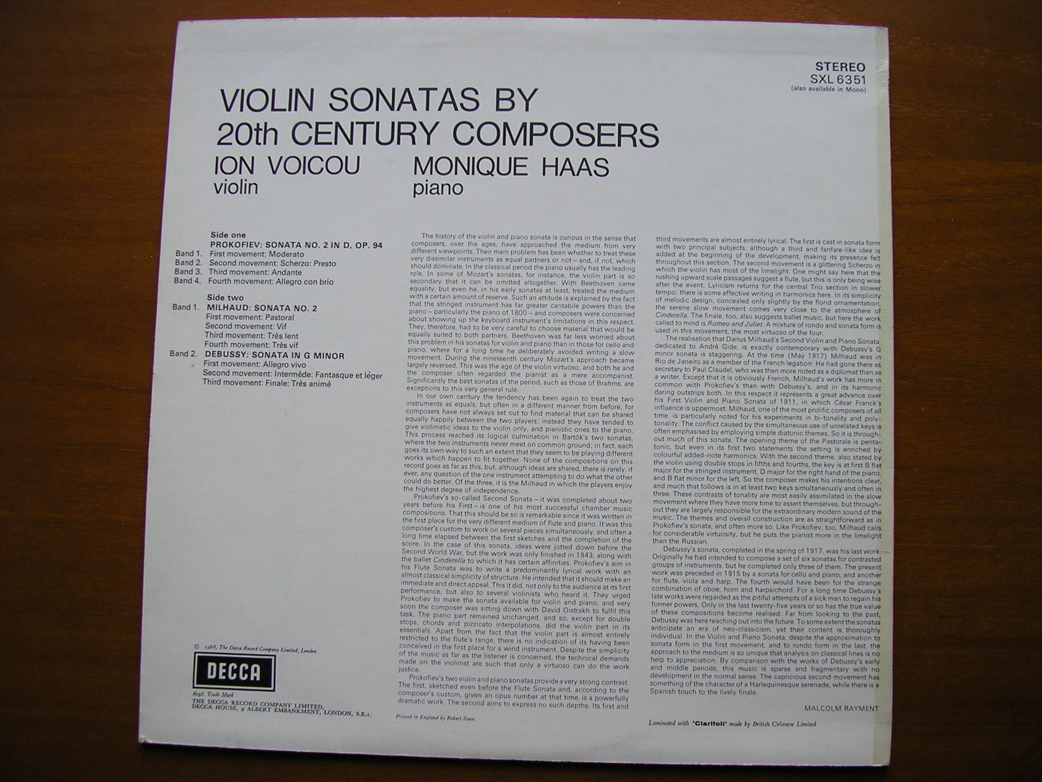 SXL 6351  VIOLIN SONATAS: PROKOFIEV / MILHAUD / DEBUSSY     ION VOICOU / MONIQUE HAAS    ED2