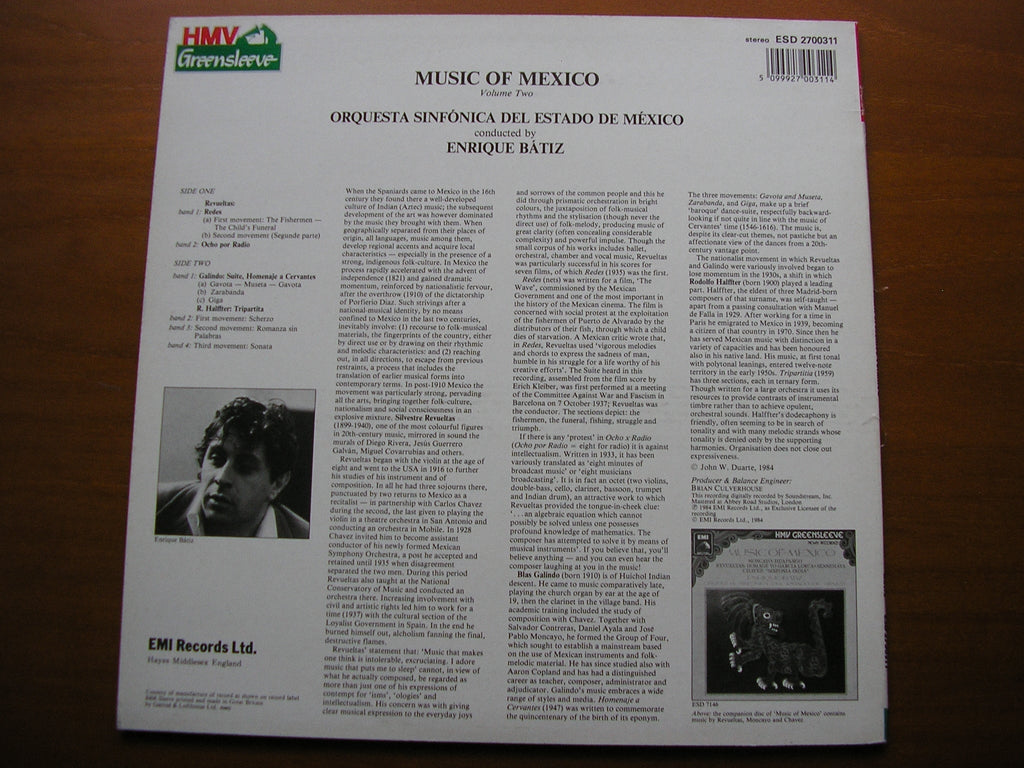 MUSIC OF MEXICO Volume 2   HALFFTER / GALINDO / REVUELTAS     BATIZ / MEXICAN STATE ORCHESTRA    ESD 2700311