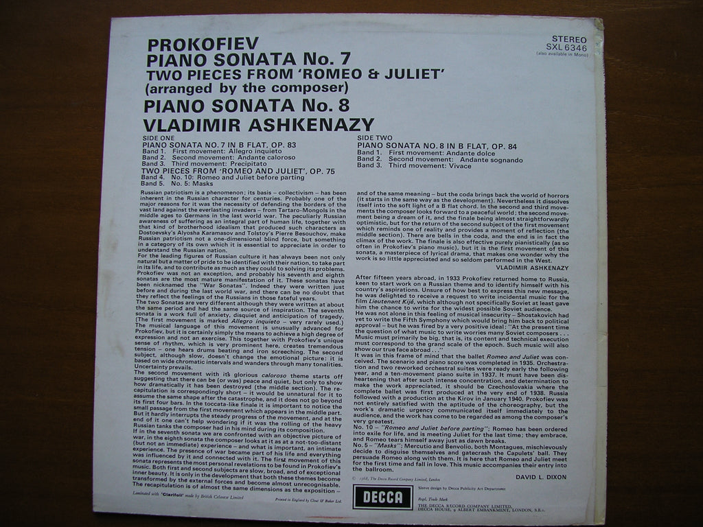 SXL 6346  PROKOFIEV: PIANO SONATAS Nos. 7 & 8 / TWO PIECES FROM ROMEO & JULIET      ASHKENZY    ED2