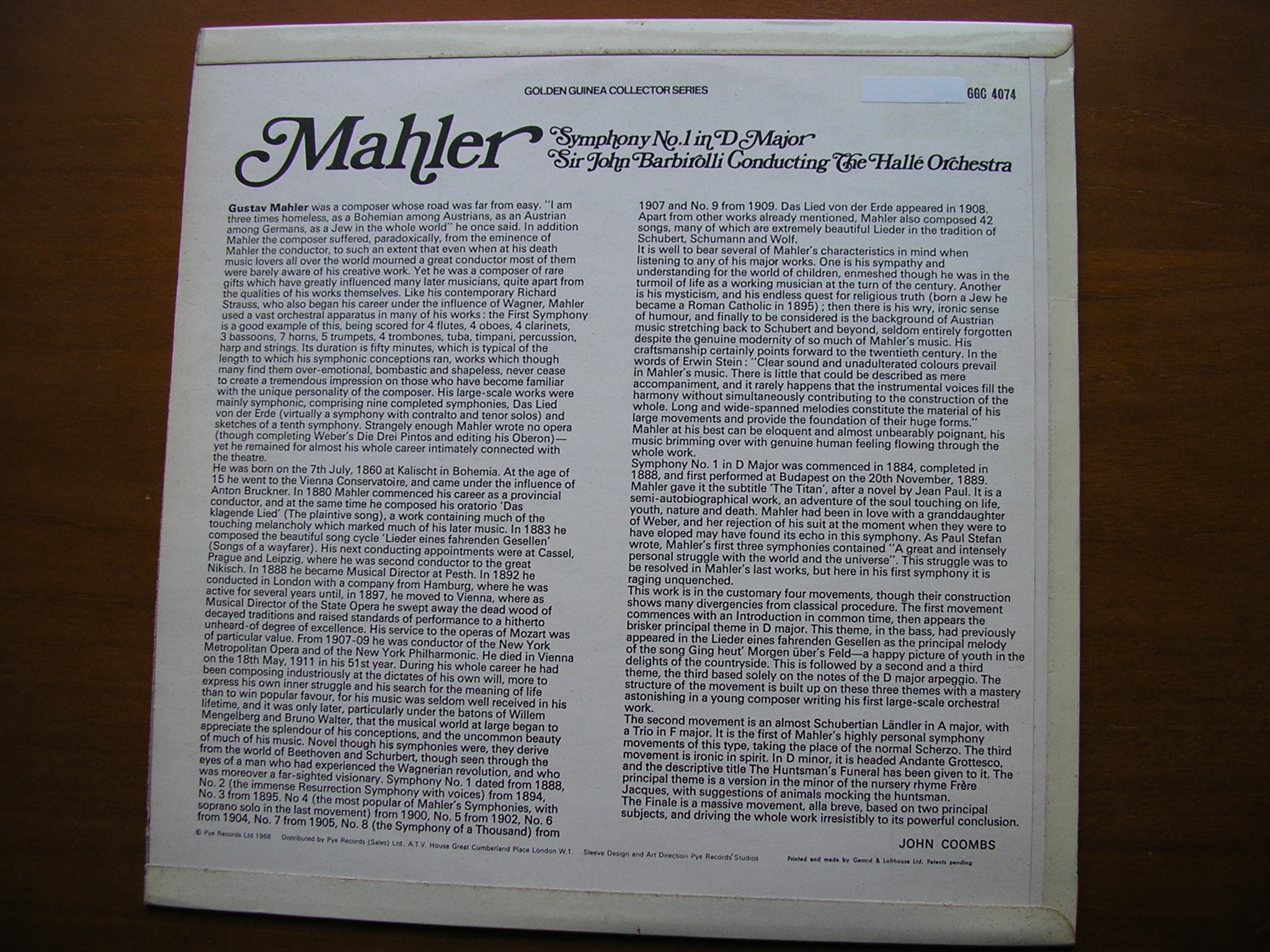 MAHLER: SYMPHONY No. 1      BARBIROLLI / HALLE ORCHESTRA      GSGC 14074