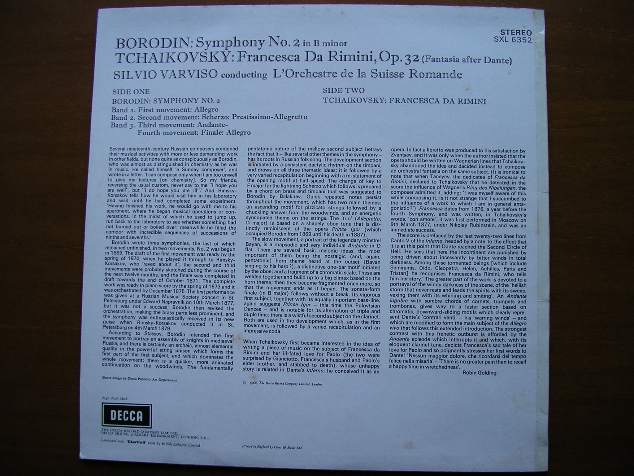 SXL 6352  BORODIN: SYMPHONY No. 2 / TCHAIKOVSKY: FRANCESCA DA RIMINI     VARVISO / SUISSE ROMANDE    ED2