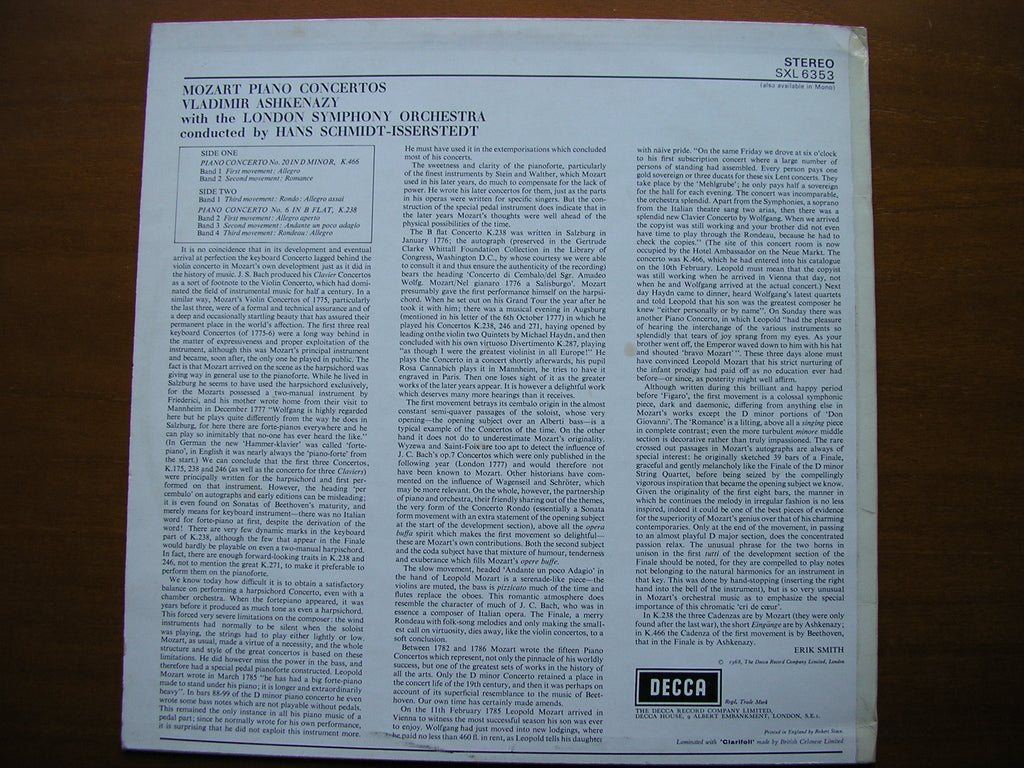 SXL 6353  MOZART: PIANO CONCERTOS Nos. 6 & 20      ASHKENAZY / LONDON SYMPHONY / SCHMIDT-ISSERSTEDT    ED2