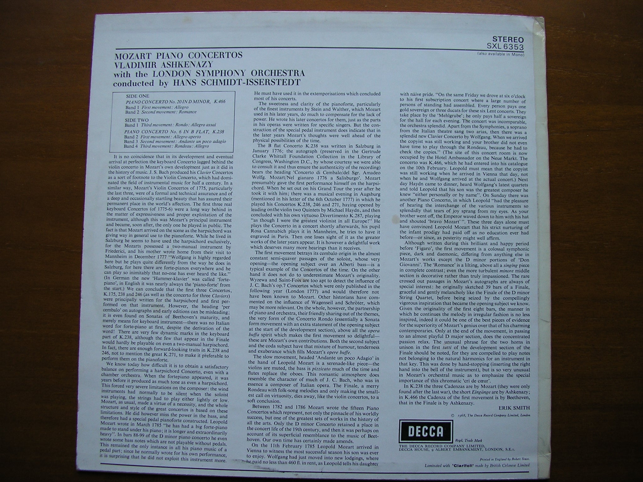 SXL 6353  MOZART: PIANO CONCERTOS Nos. 6 & 20      ASHKENAZY / LONDON SYMPHONY / SCHMIDT-ISSERSTEDT    ED2
