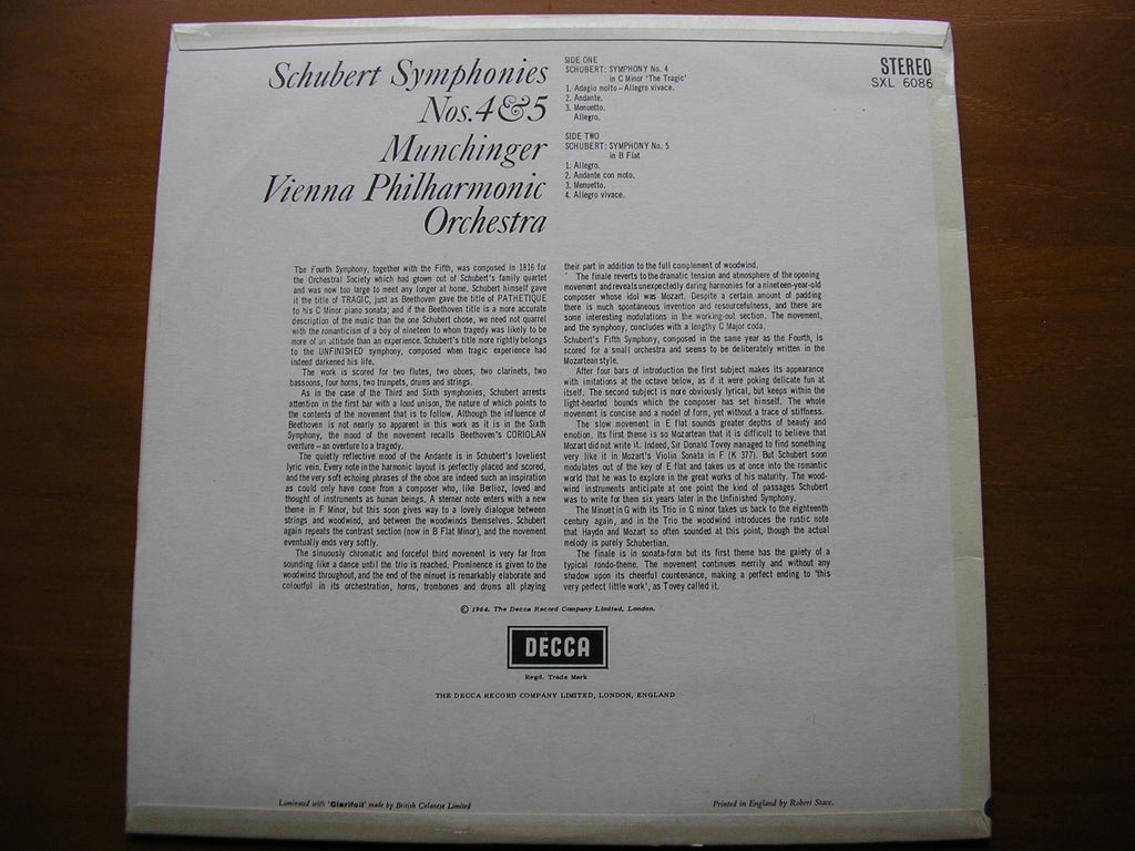 SXL 6086 SCHUBERT: SYMPHONIES Nos. 4 & 5 MUNCHINGER / VIENNA PHILHARMONIC