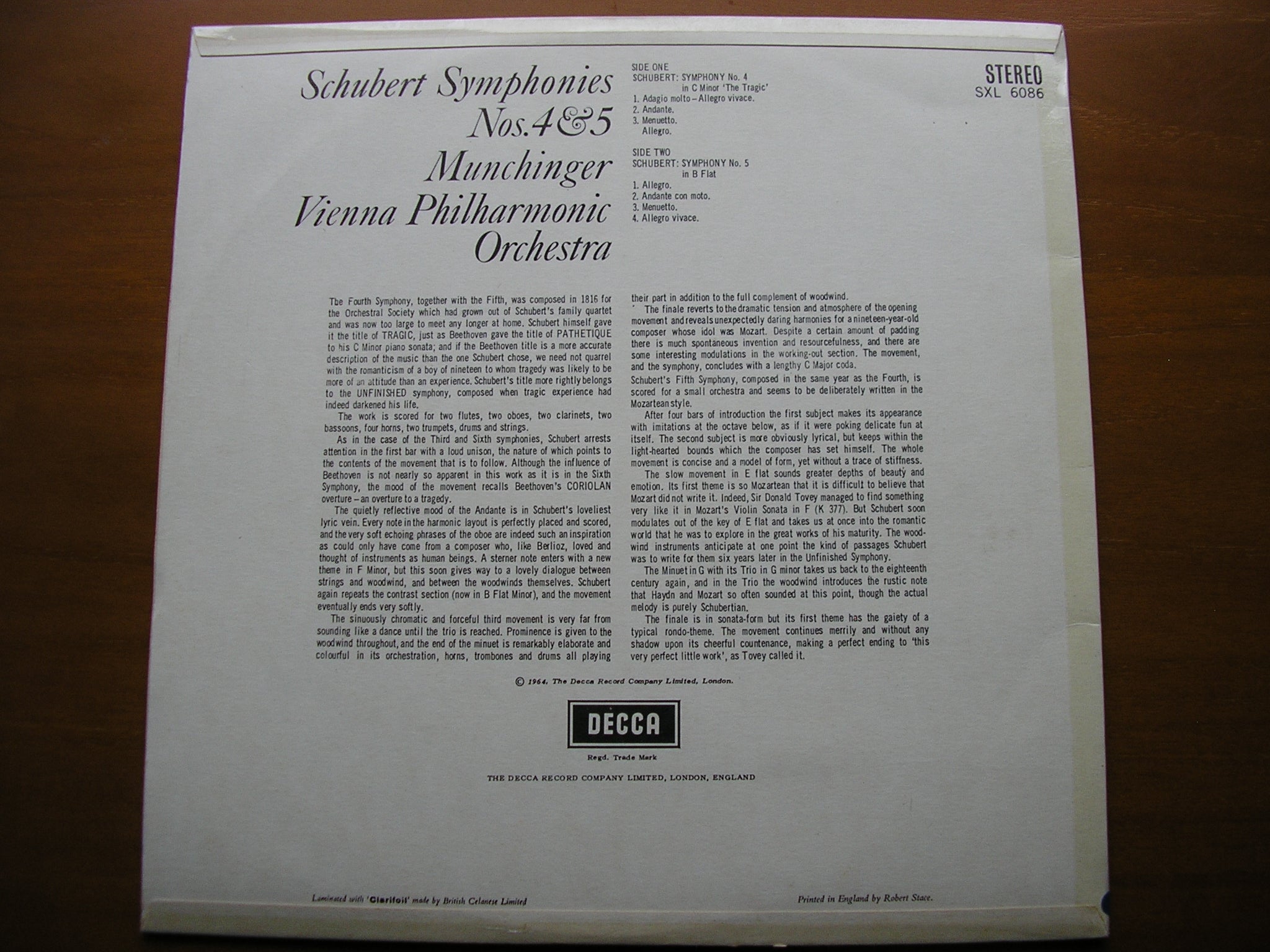 SXL 6086 SCHUBERT: SYMPHONIES Nos. 4 & 5 MUNCHINGER / VIENNA PHILHARMONIC