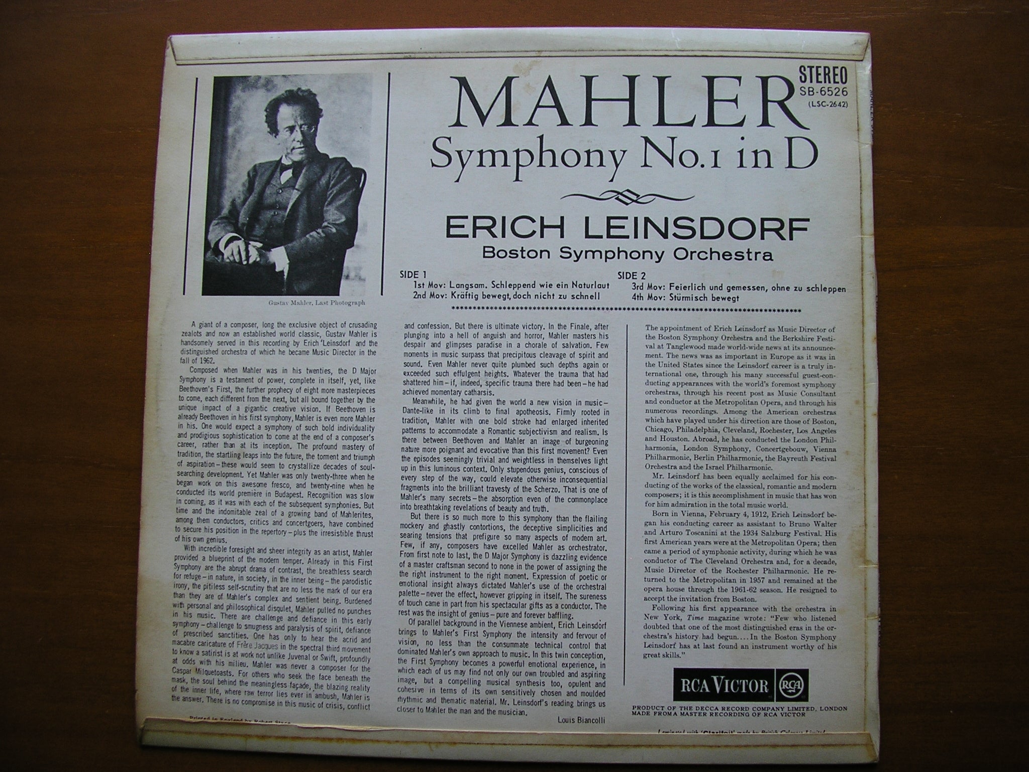 MAHLER: SYMPHONY No. 1      LEINSDORF / BOSTON SYMPHONY      SB 6526