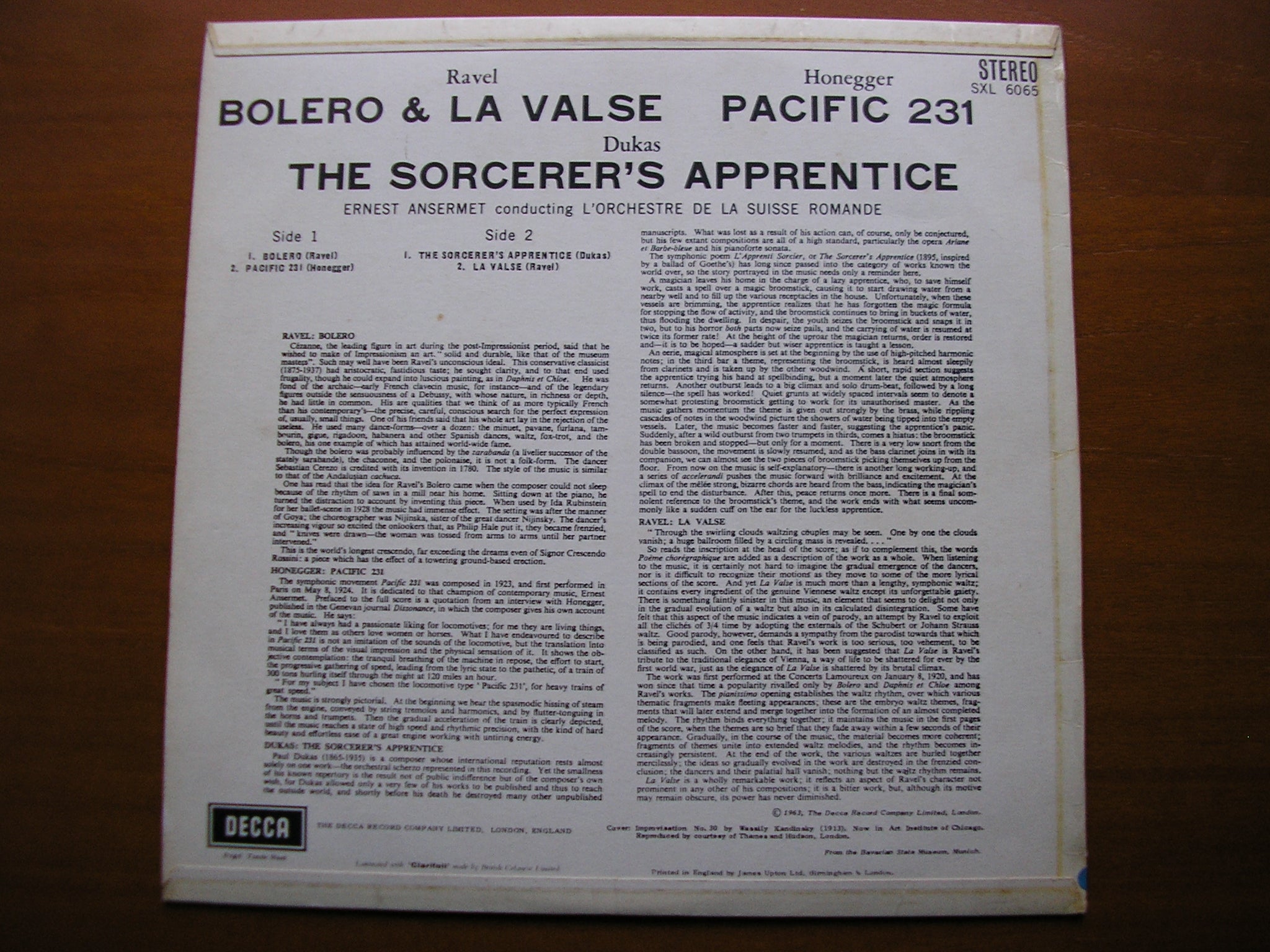 SXL 6065  RAVEL: BOLERO / LA VALSE / HONEGGER: PACIFIC 231 / DUKAS: THE SORCERER'S APPRENTICE     ANSERMET / SUISSE ROMANDE     ED1