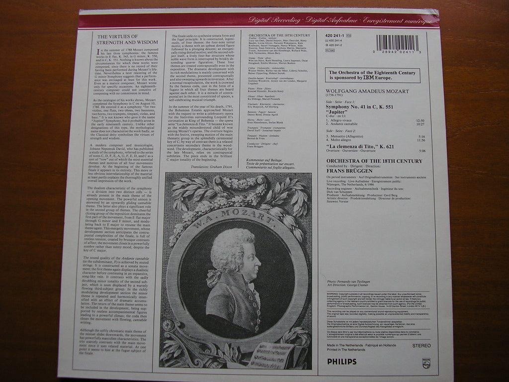 MOZART: SYMPHONY No. 41 'Jupiter' / OVERTURE La Clemenza di Tito     BRUGGEN / ORCHESTRA of the 18th CENTURY    420 241