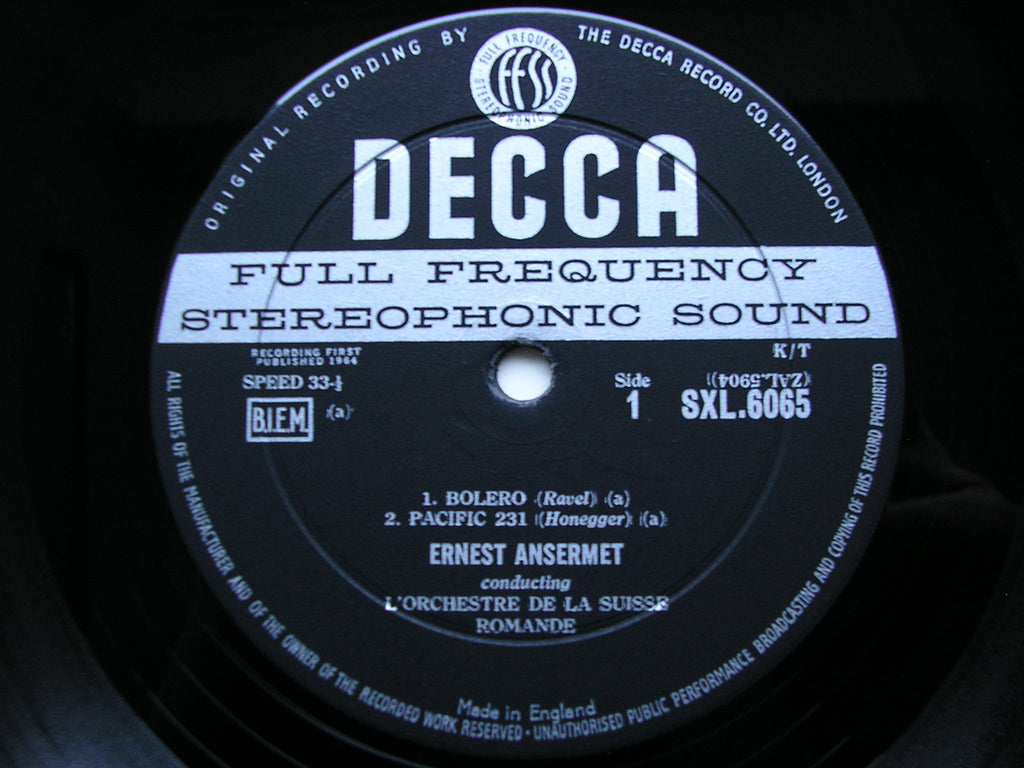 SXL 6065  RAVEL: BOLERO / LA VALSE / HONEGGER: PACIFIC 231 / DUKAS: THE SORCERER'S APPRENTICE     ANSERMET / SUISSE ROMANDE     ED1