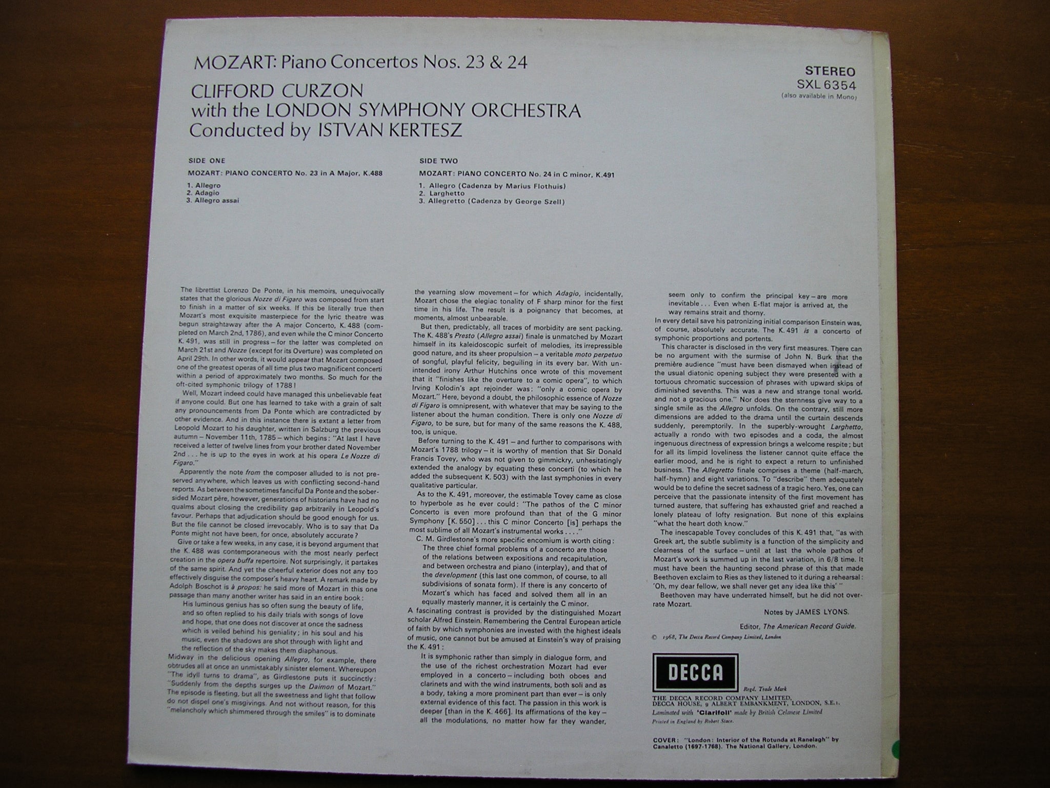SXL 6354  MOZART: PIANO CONCERTOS Nos. 23 & 24     CURZON / LONDON SYMPHONY / KERTESZ   ED2