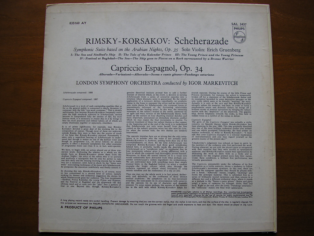 RIMSKY-KORSAKOV: SCHEHERAZADE / CAPRICCIO ESPAGNOL     MARKEVITCH / LONDON SYMPHONY   SAL 3437