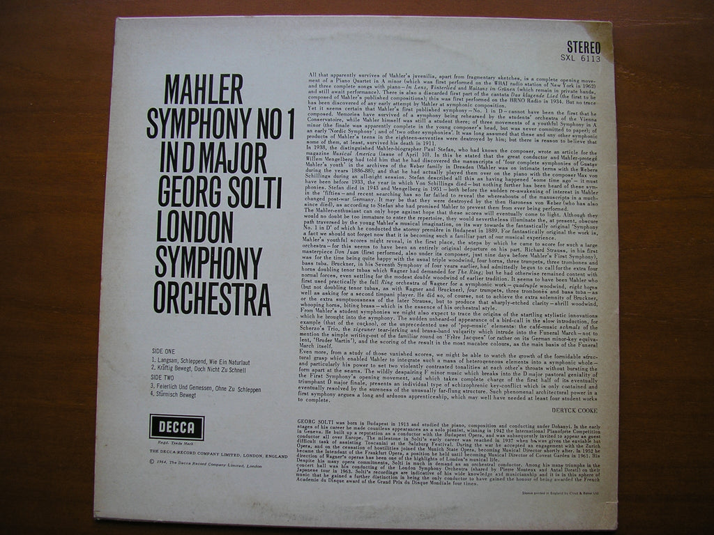 MAHLER: SYMPHONY No. 1      SOLTI / LONDON SYMPHONY    SXL 6113