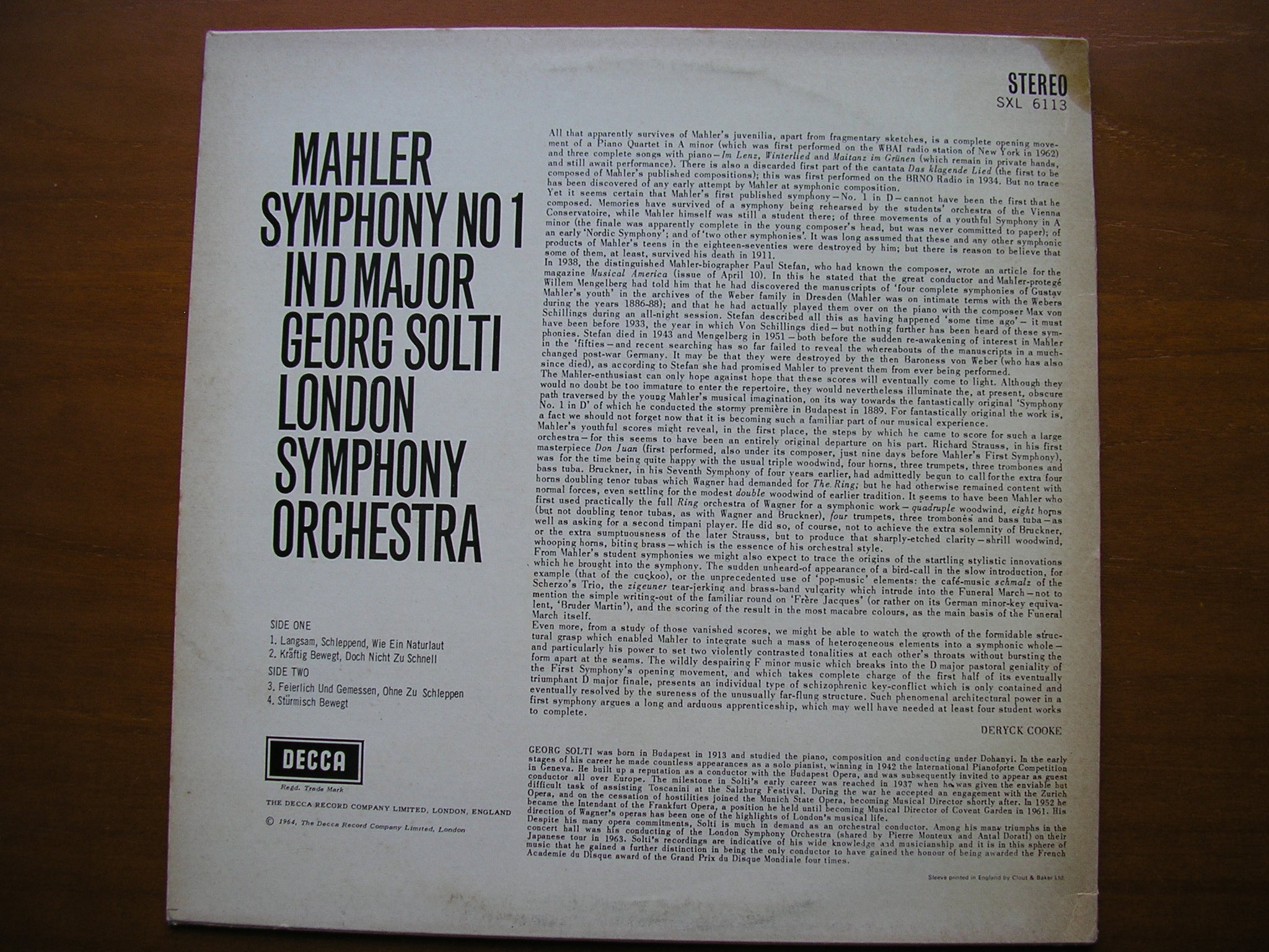 MAHLER: SYMPHONY No. 1      SOLTI / LONDON SYMPHONY    SXL 6113