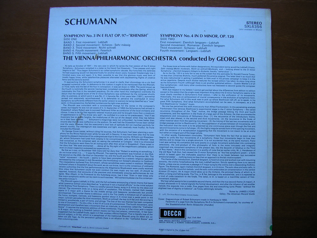 SXL 6356  SCHUMANN: SYMPHONIES Nos. 3 & 4     SOLTI / VIENNA PHILHARMONIC    ED2