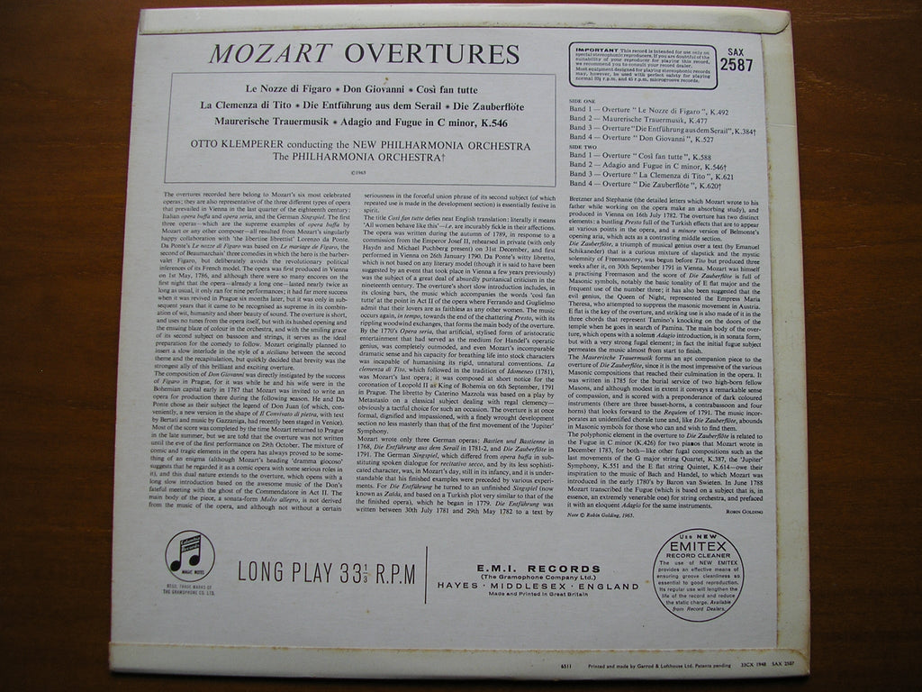 MOZART: OVERTURES     KLEMPERER / NEW PHILHARMONIA / PHILHARMONIA       SAX 2587